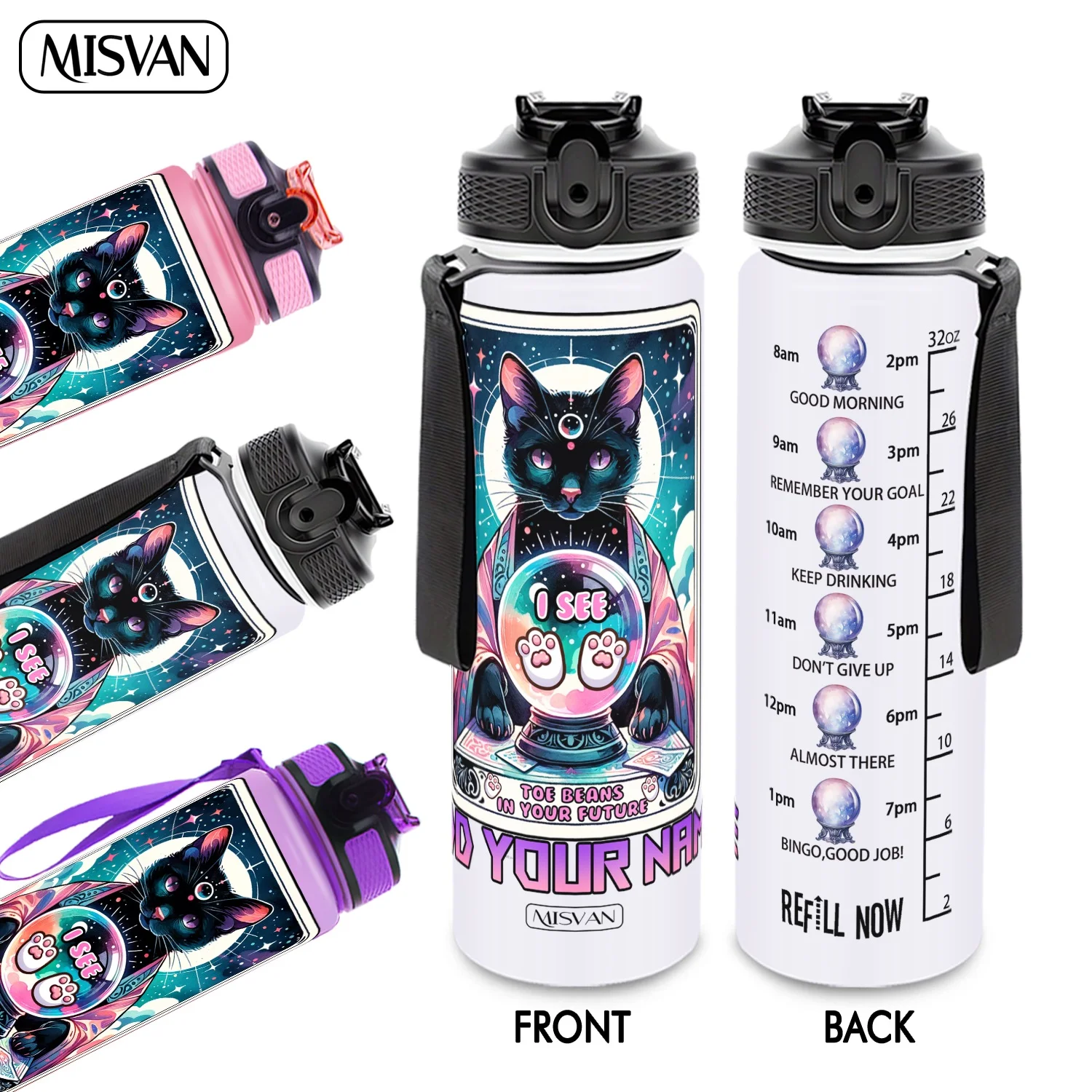 

Бутылка для воды 32 унции с индивидуальной гравировкой, дизайн «Мистический кристальный шар с кошкой», для ежедневного увлажнения организма, для спортзала, активного отдыха и велоспорта.