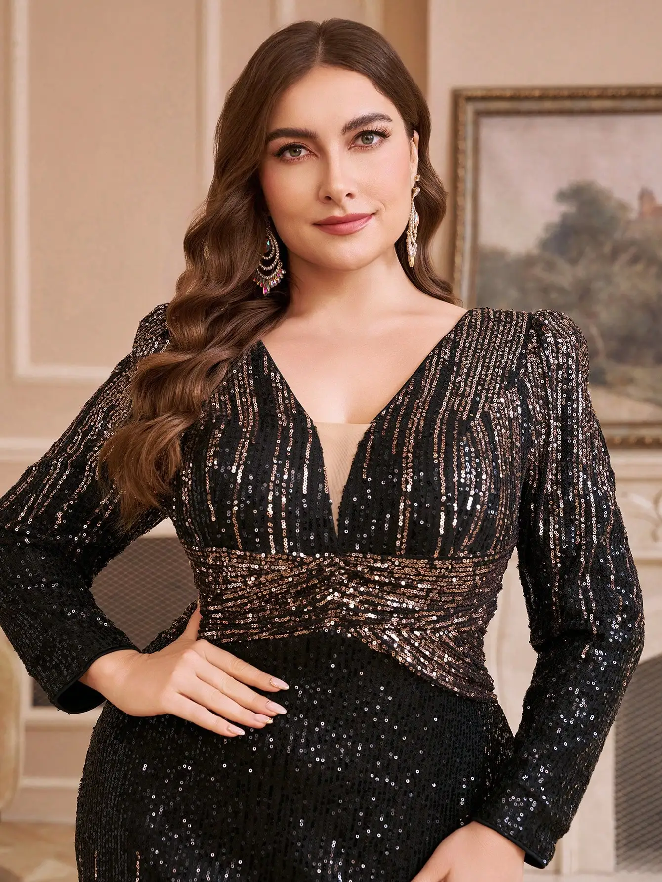 UNITHORSE [قطع عشوائي] فستان ضيق بأكمام طويلة ورقبة على شكل حرف V وخصر متدرج مع ترتر مقاس كبير، فستان الحفلات، فستان ضيوف الزفاف،