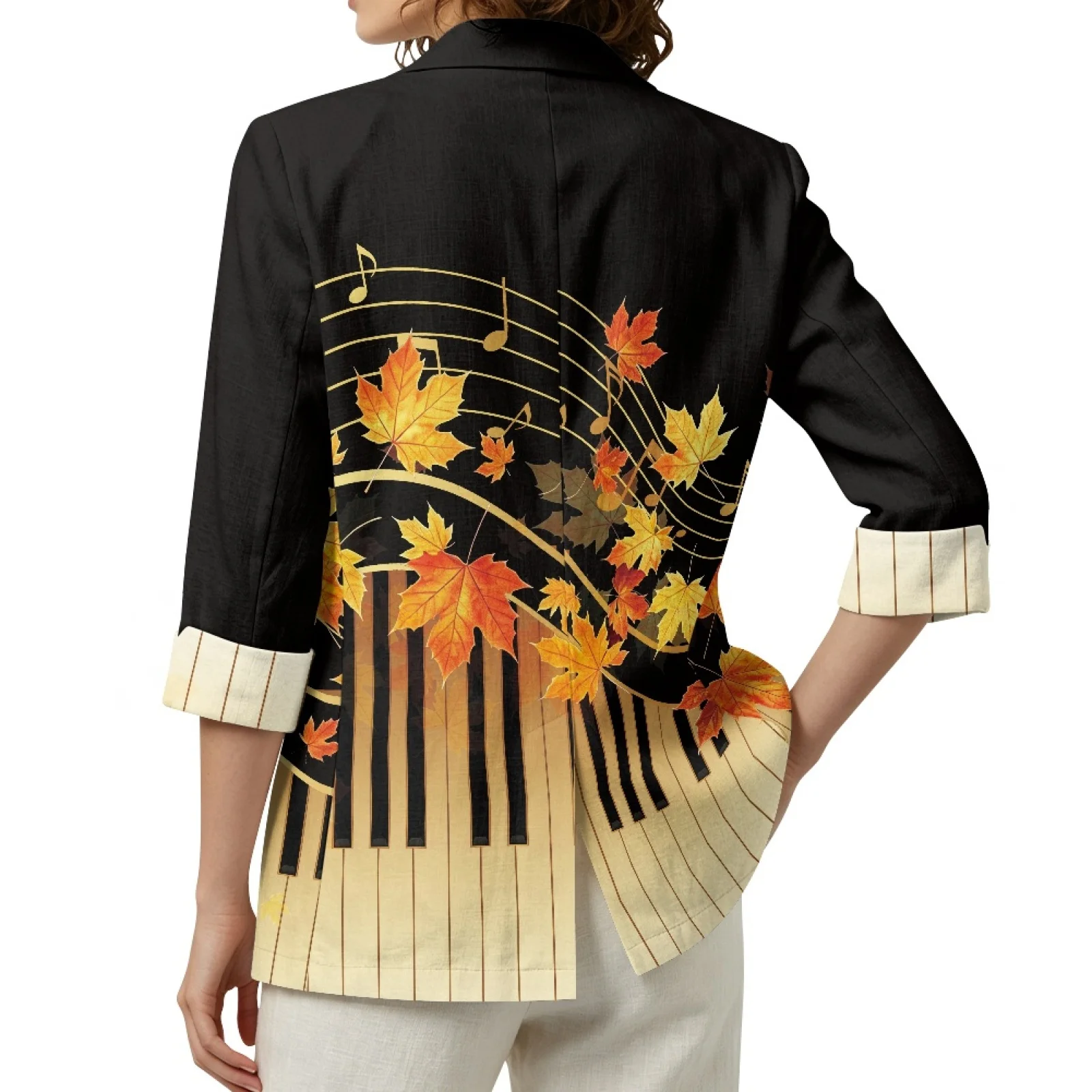 PENSTROLL Autumn Maple Piano Linen Style Open Front Tops Casual Open Front Cardigan for Vacation Sizes S-3XL