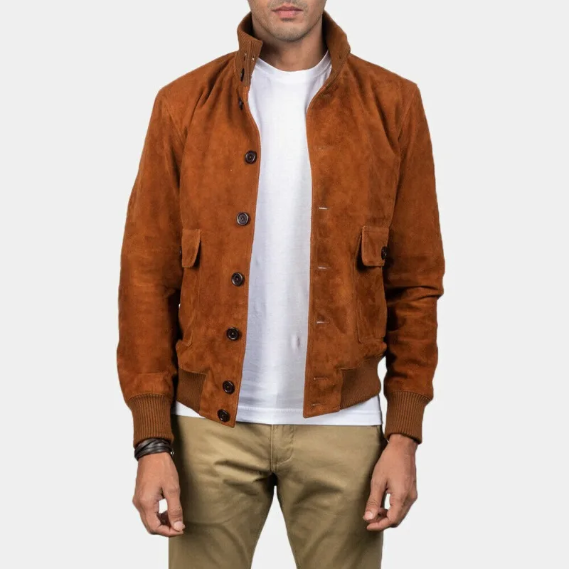 Men's Sheepskin Best Selling Suede Leather Jacket Biker TAN Coat Buttons Bomber