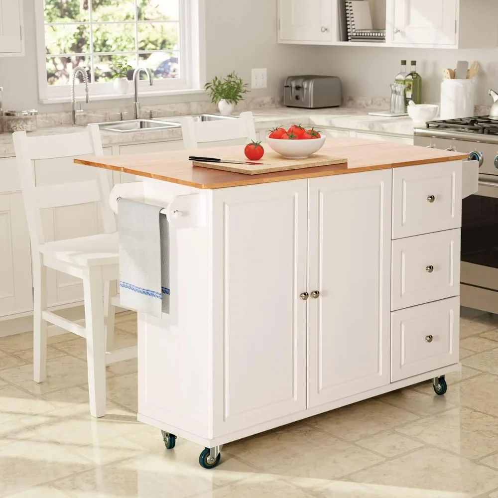 

Kitchen Island Cart, Wheels with Drop-Leaf and Rubber Wood Top, Rolling Kitchen Trolley with Door Storage Cabinet, Drawers