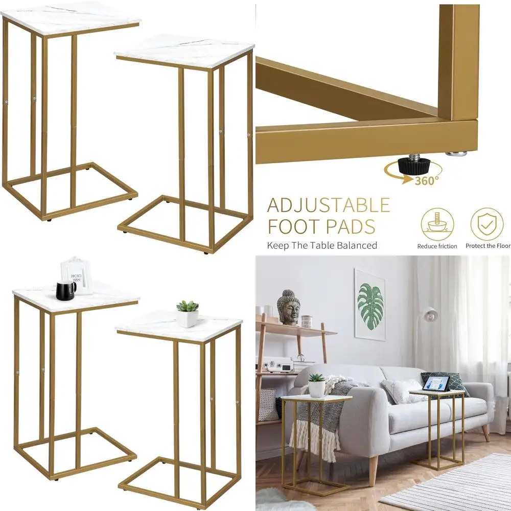 

Pair of White Marble-Look and Gold Accented Side Tables, Compact for Sofas and Beds, Living and Bedroom Use