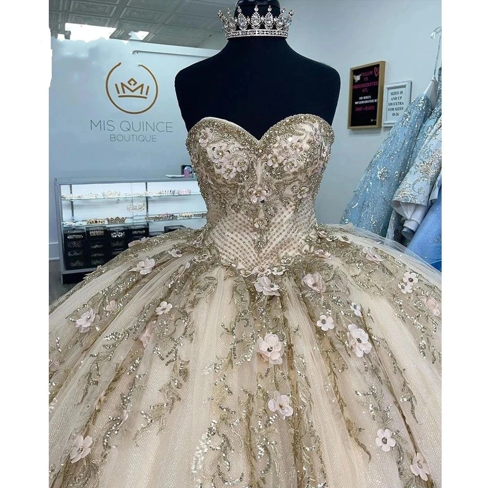 ANGELSBRIDEP Champagne Sweetheart Quinceanera Dresses Vestidos De 15 Años Lace Beading 3D Flower Formal Princess Party Corset