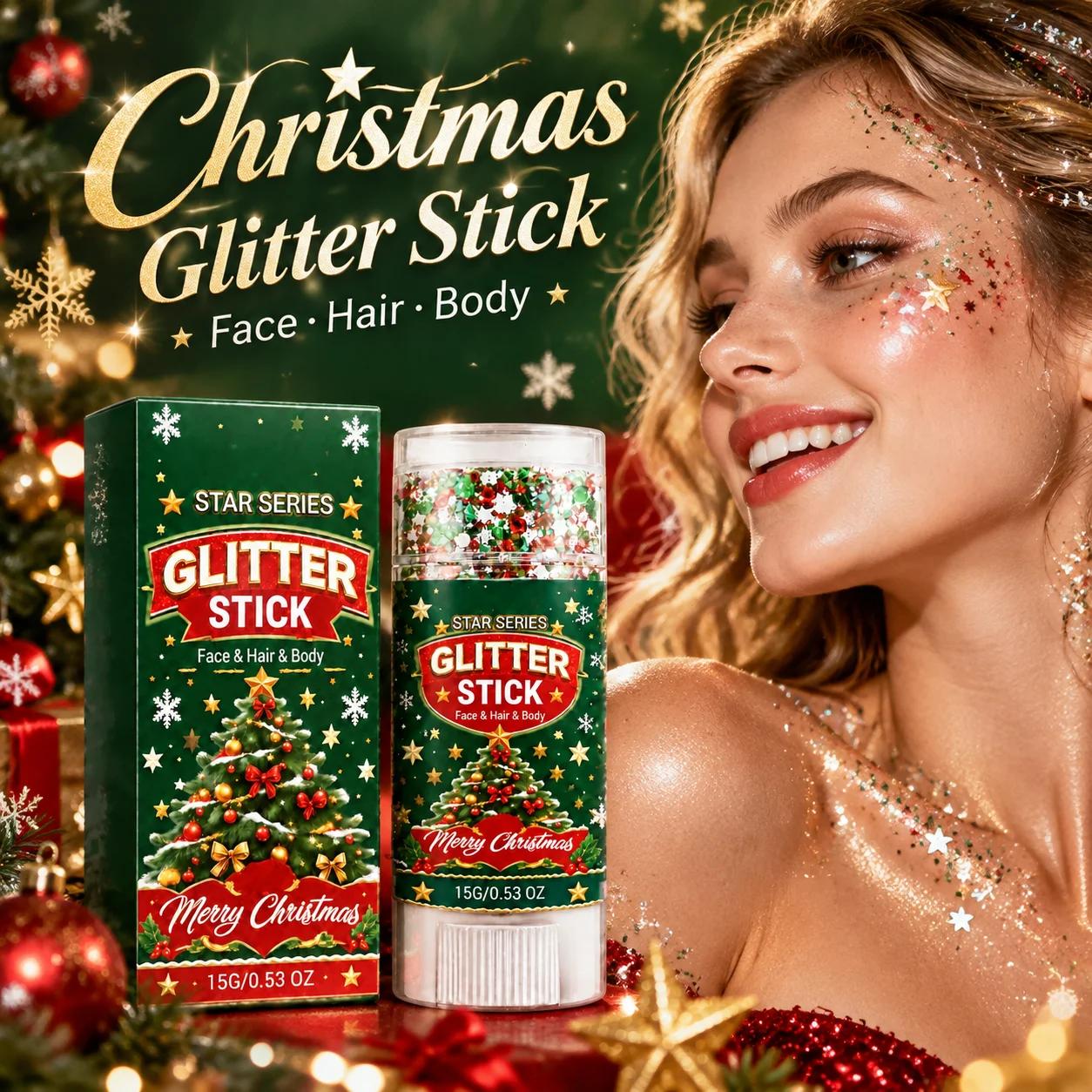 Christmas Glitter Stick Face Hair Body Shimmer Makeup Holiday Party Festival Fine Sparkle Twist Up Balm Portable Women 15g