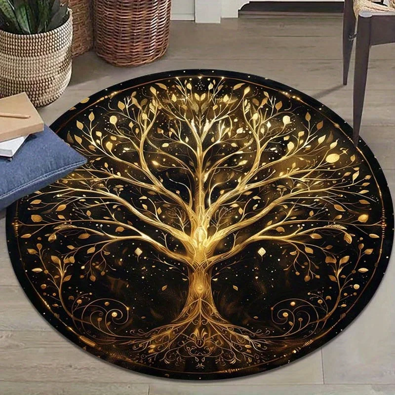 Golden Tree of Life Round Rug Flannel Printed Carpet Spiritual Theme Home Decor Cozy Soft Floor Mat Living Room Indoor Use