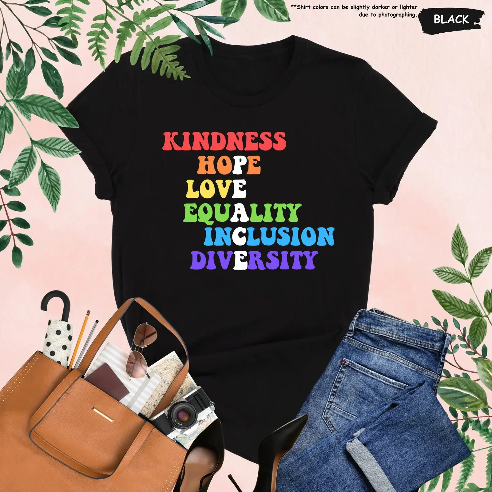 Kindness Hope Love Equality Inclusion Diversity Human Rights Peace Feminist Activist Be Kind T Shirt vintage Washed Stretched