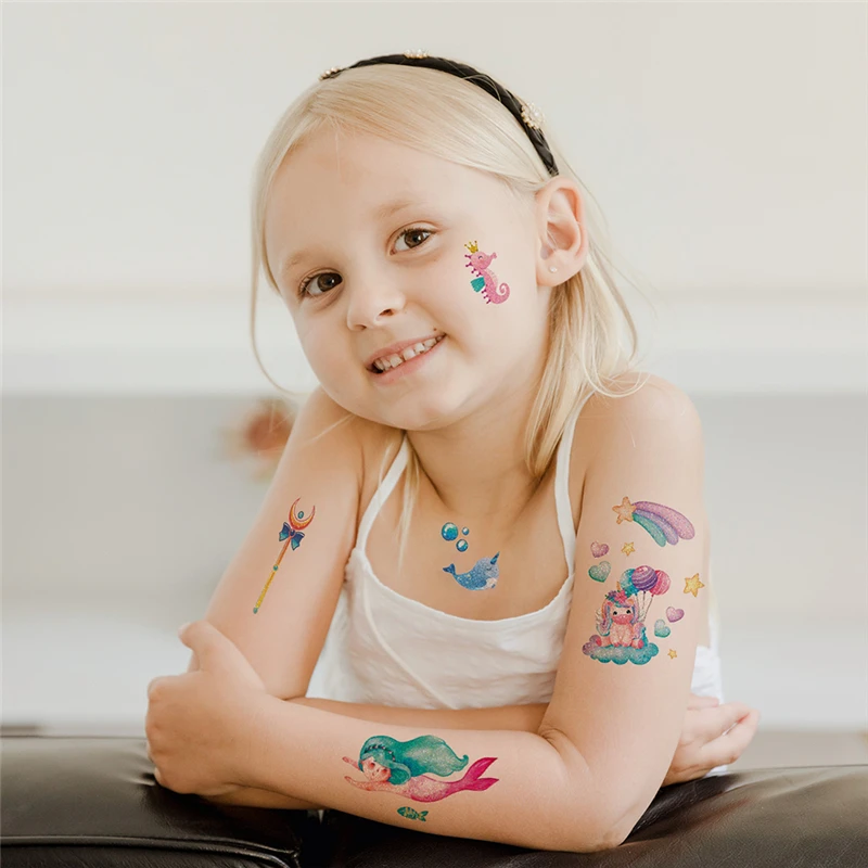 Glitter Fairy Mermaid Unicorn Tattoo Sticker Kids Temporary Waterproof Face Arm Body Art Fake Tattoos Children Festival Makeup