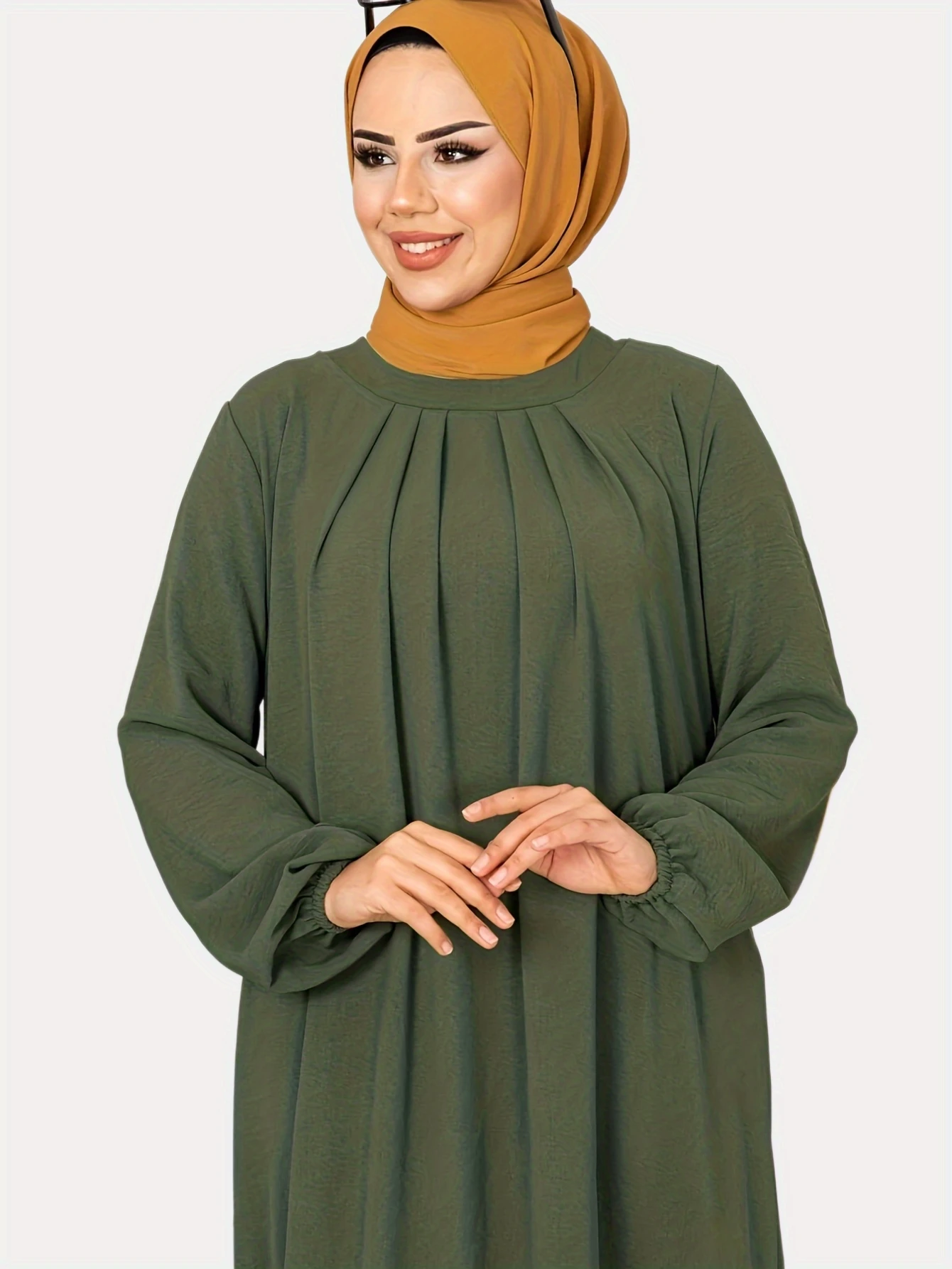 Fashion Women\'s Solid Color Round Neck Loose Robe Muslim Dress