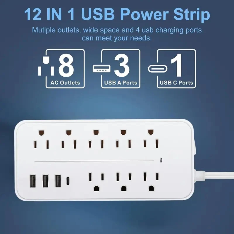 Power Strip US Plug Extension Cord With 4 USB Ports(1 USB C) 3.94ft Surge Protector Power Strip 8 Widely Outlets Extender