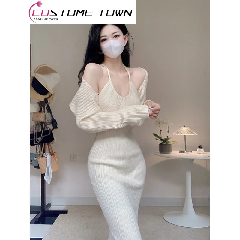 Temperament Slim Pure Desire Set 2023 Spring/Summer New French Knitted Cardigan Hanging Dress Two Piece Set Fashion