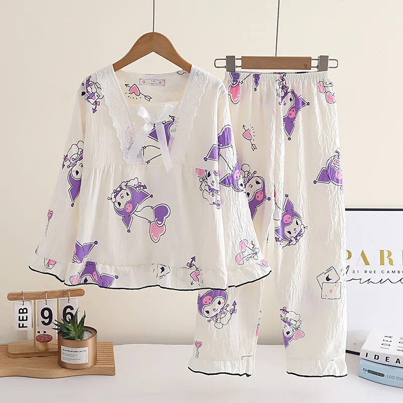 

Аниме-пижама Hello Kitty для девочек, весенний комплект, тонкая версия, My Melody, с длинными рукавами и брюками, милый принт, кружево, домашняя одежда, подарки