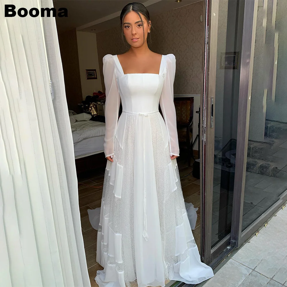 

Booma A-Line Wedding Dresses Square Collar Long Sleeves Simple Bridals Evening Dresses for Women Sweep Train Party Prom Gowns