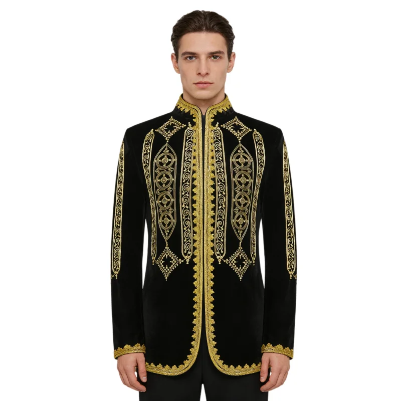Men's Slim Fit Black Velvet Court Blazer with Gold Floral Embroidery Stand Collar Wedding Groom Tuxedo Bar Singer Stage Costume