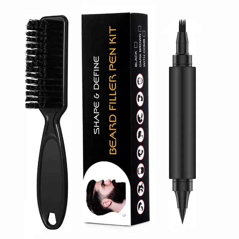 Two-in-one Four-pronged Eyebrow Pencil Beard Pen Filler with Brush Covering Facial Hair Patches Men's Grooming Styling