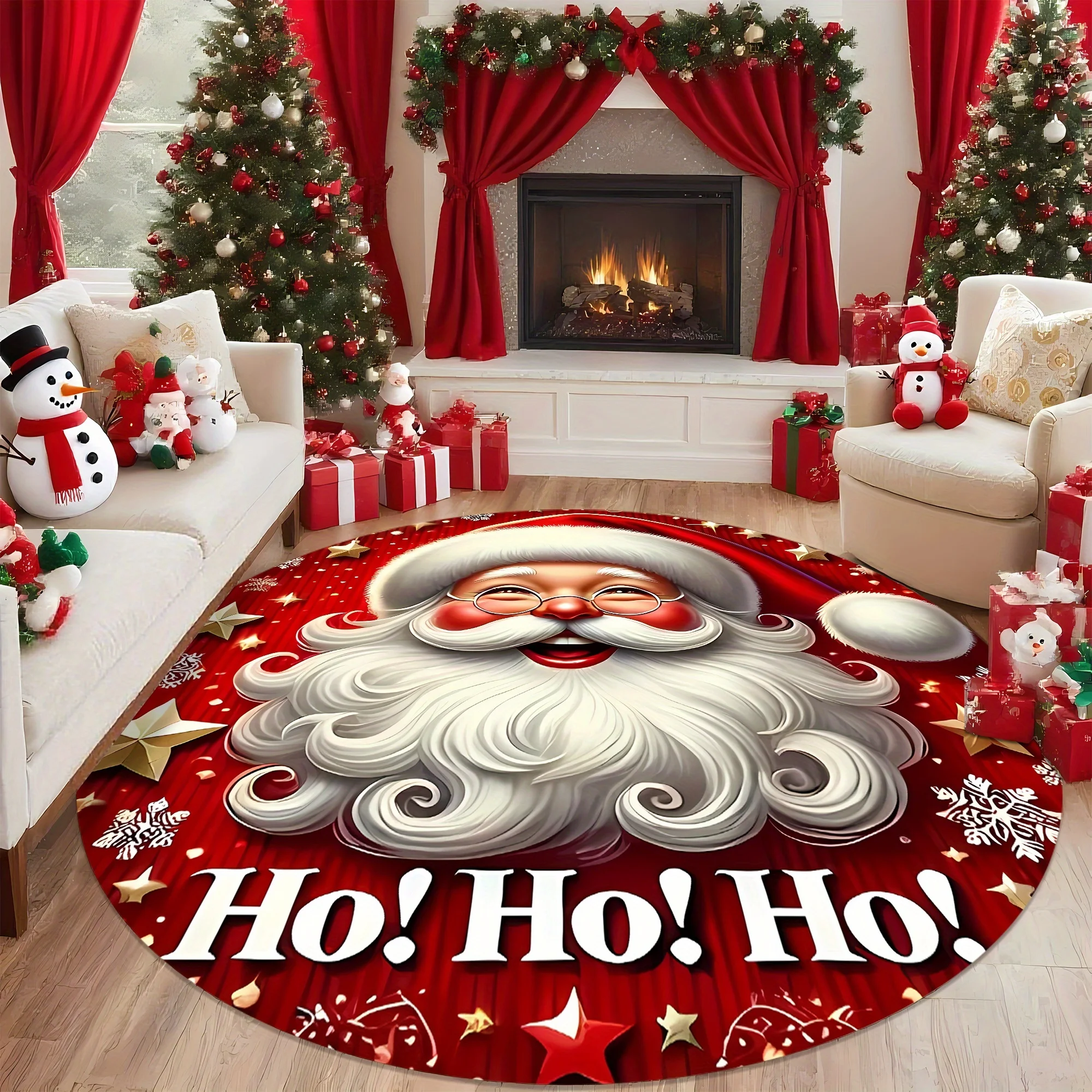 Santa Claus Christmas Element Printed Round Floor Rug,Classic Xmas‑style Decor Mat for Living‑room,Entryway and Household Indoor