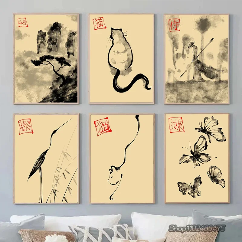 1pc frameless Canvas Painting Japanese Sumi Art Poster Abstract Cat Stork Samurai Valley Prints Canvas Painting Wall Art Picture