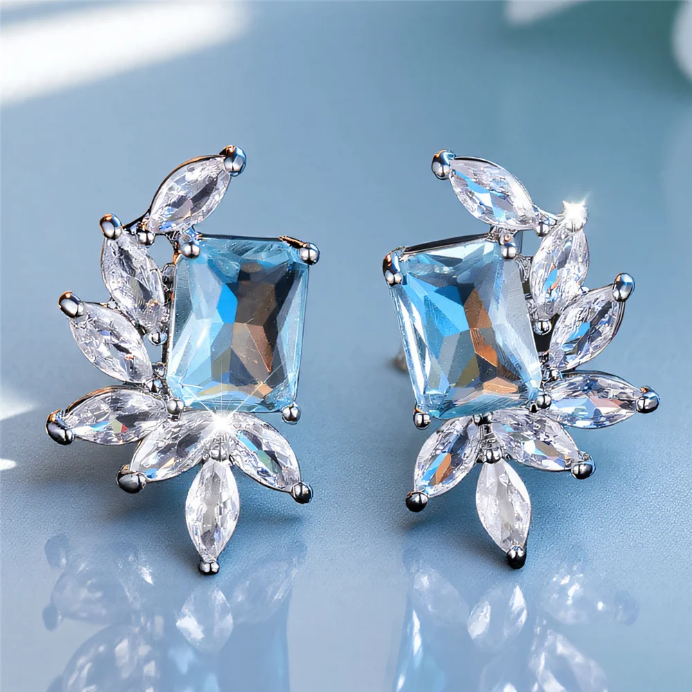Small Water Blue Zircon Cut Stone Flower Stud Earrings For Women Silver Color Wedding Jewelry Bridal Engagement Gifts