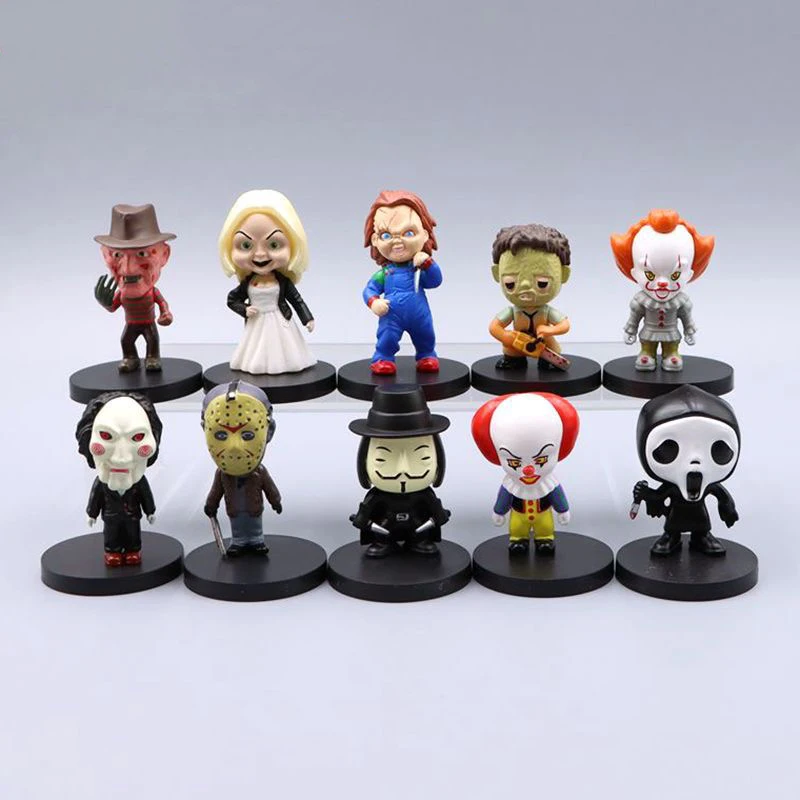 10pcs/set Horror Movie Characters V for Vendetta Chucky Freddy Jason Scary Saw PVC Action Figures Toys