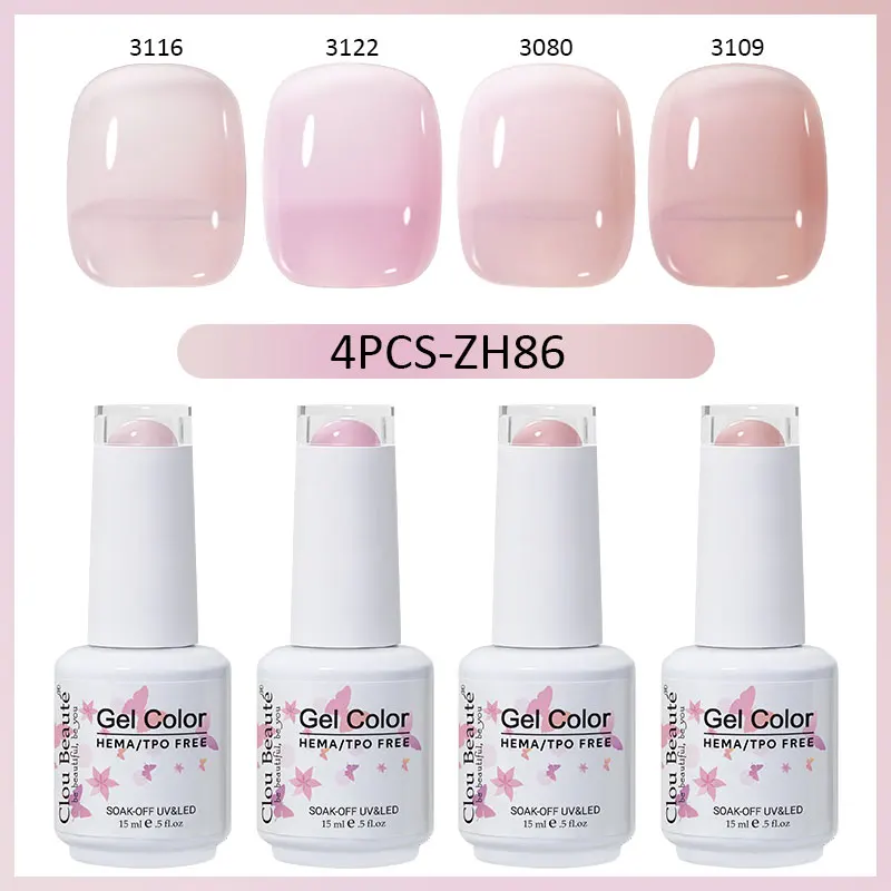 ClouBeaute 4Pcs/Set 15ml Macaron Gel Nail Polish Semi Permanent UV Gel Soak Off Nail Art Kit Varnish For Manicure Top Base