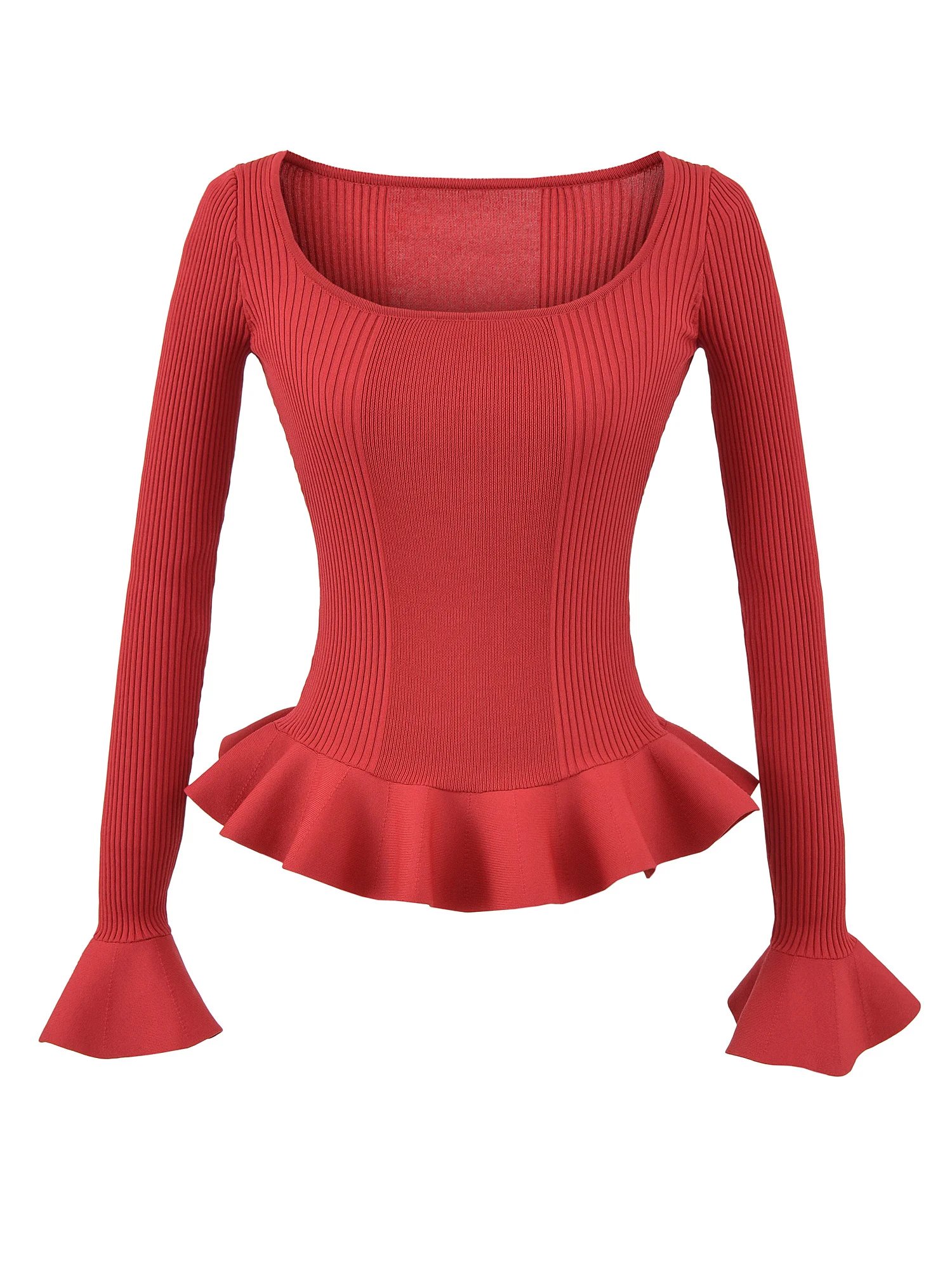

Slim Fit Knitwear Red Square Collar Bell Sve Elastic Waist Design Women's Long Sve Top Korean Sle Faion Spring Autumn