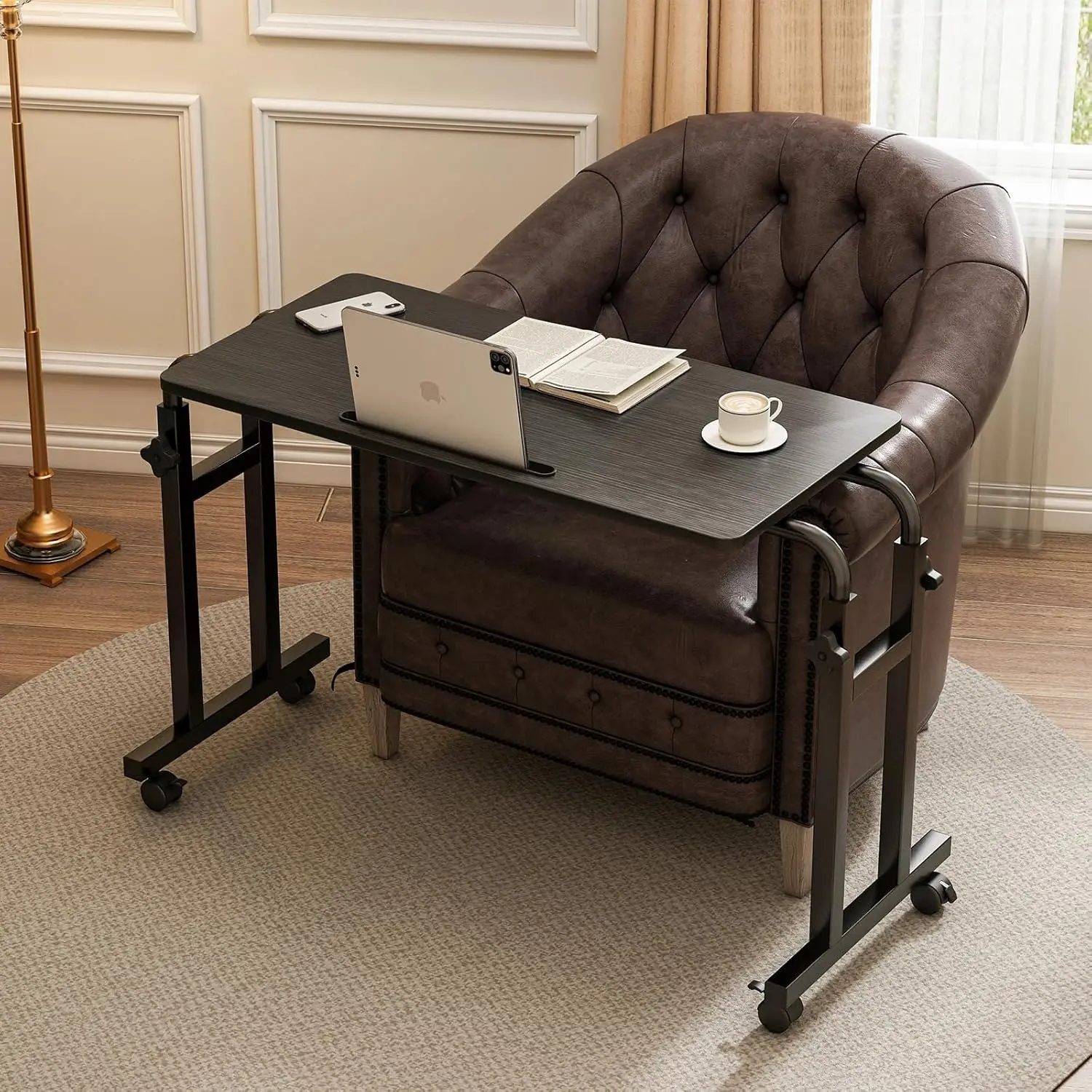 Adjustable Overbed Table with Wheels, Recliner Desk for Hospital and Home Use, Heavy Duty Metal Leg Laptop Stand Tray