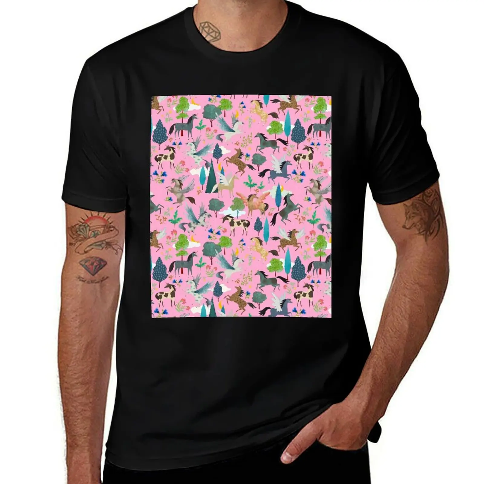 

Enchanted Unicorn Garden - pink background T-Shirt man t shirt cotton t shirts for man graphic cars