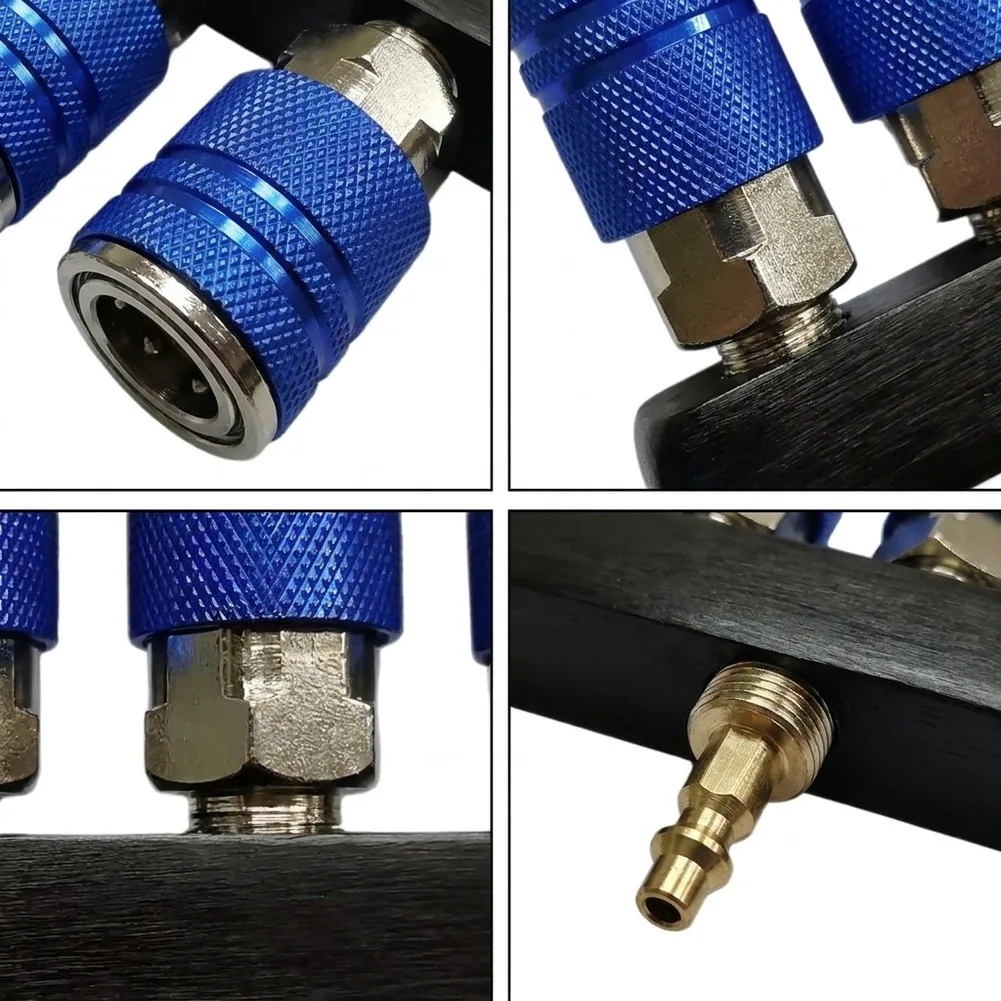 Aluminum 4 Way Straight Through Air Manifold 1/4in NPT Inlet and 4 Outlets for Multi Tool Operation Pneumatic Splitter