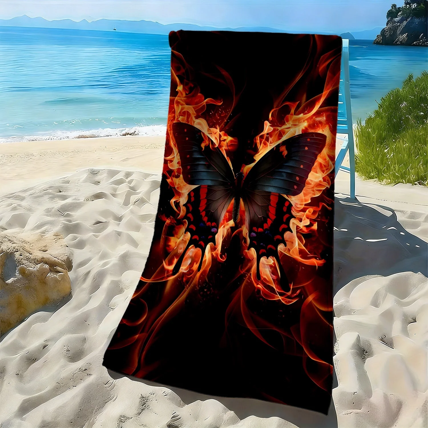 Mysterious Flame Butterfly Pattern polyester microfiber beach towel is highly absorbent, suitable for swimming and beach outings
