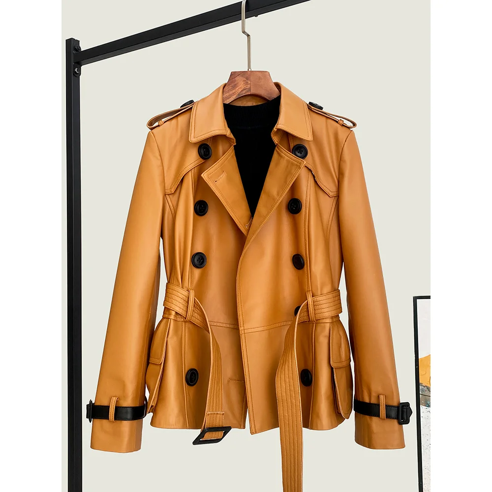 2025 Autunno Genuino Giacca di pelle di pecora in pelle Moda donna Cappotto in pelle doppio petto casual legato in vita Arancione Taglie forti