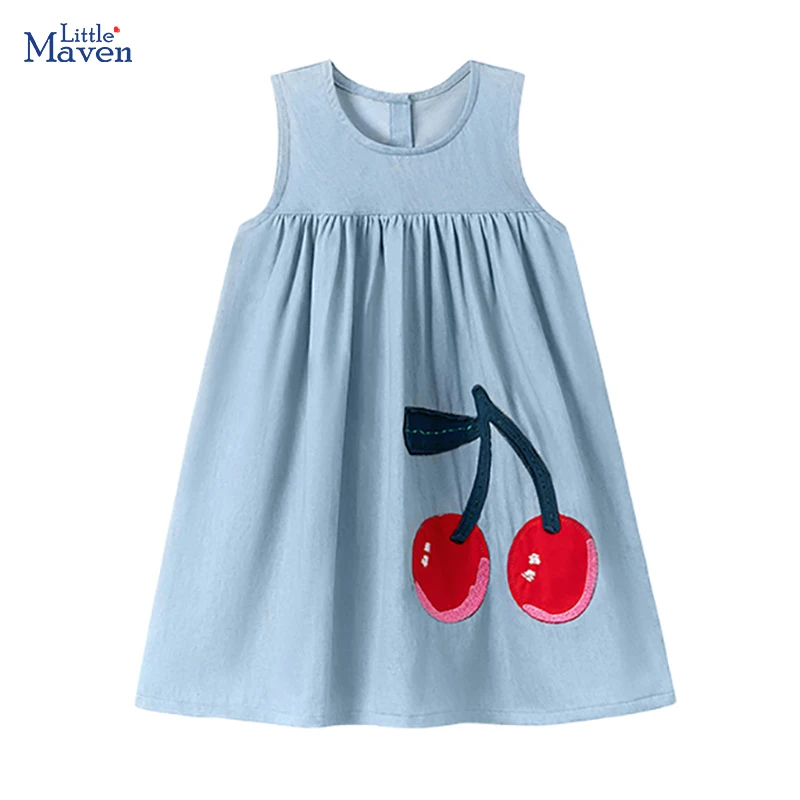 Little maven Little Girls Sleeveless Dresses Summer Children Casual Dresses Cherry Denim Dresses for Kids Clothes Holiday Gifts