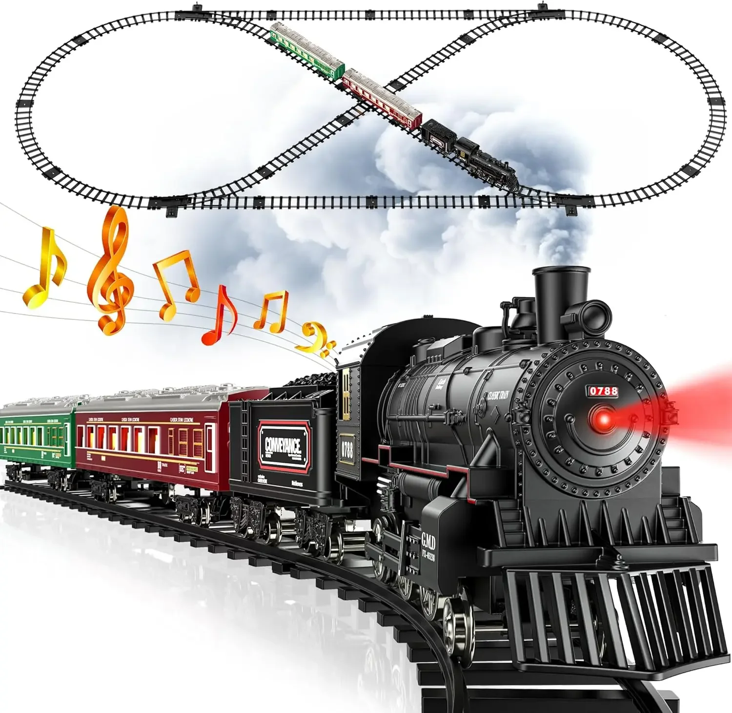 Train Set, Remote Control Train Toys with Luxury Track & Glowing Passenger Carriages, Metal Christmas Tree Train with Smoke, Lig