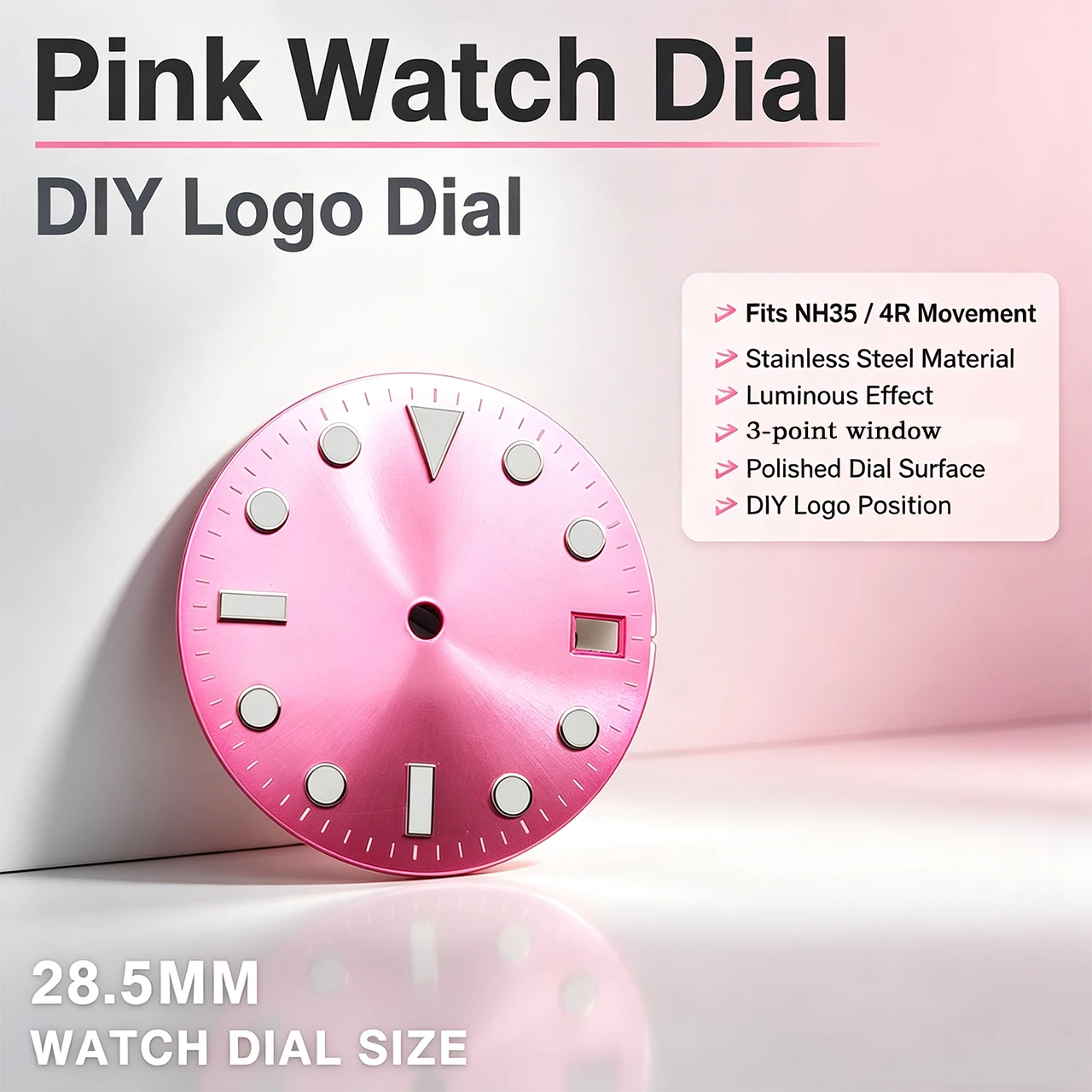Watch Dial Custom Sterile 28.5Mm - 28,5mm Rosa Zifferblatt, Blaue Leuchtfarbe, Sonnenschliff-Textur,