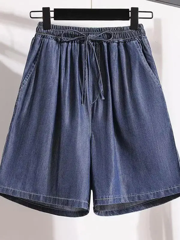 Summer New Women's Ice Silk Thin Denim Shorts Elastic Waist Wide Leg Five-Point Pants Trendy Versatile Casual Comfortable Bre...