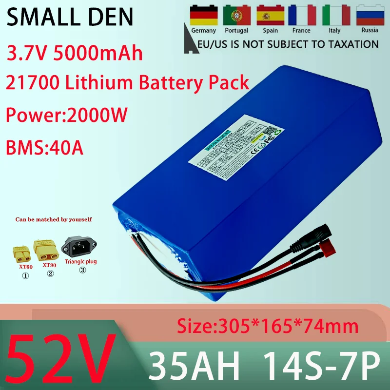 New 52V 35AH 14S7P 21700 lithium battery pack With 40A BMS 100-2000W high-power rechargeable battery+58.8V 5A charger