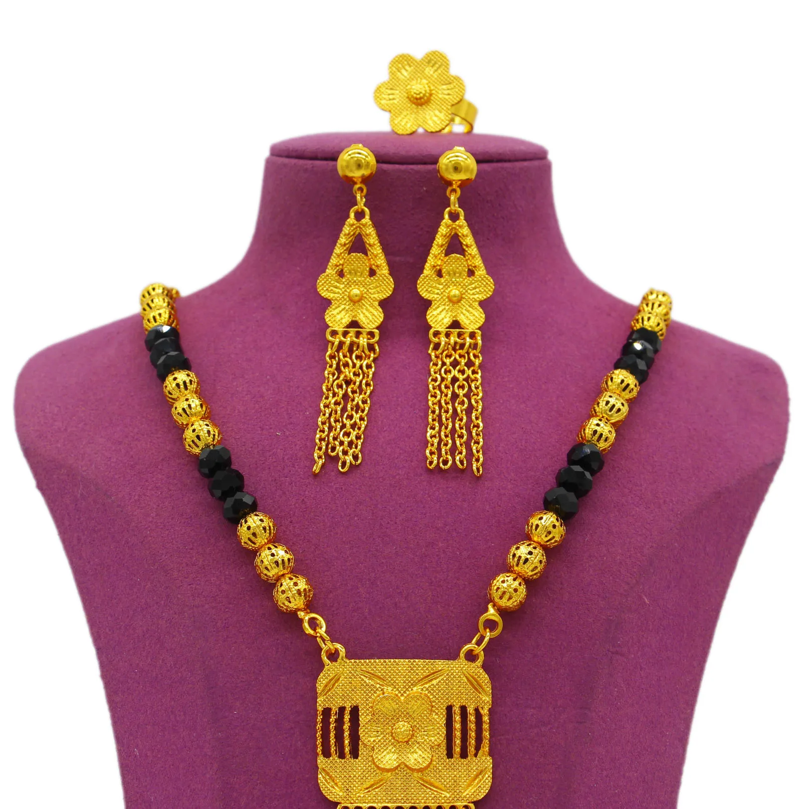 WDZUIAI 24K Gold Color Black/White Stone Tassels Necklace&Earrings&Ring Jewelry Set African Arab Women Bridal Wedding Jewelry