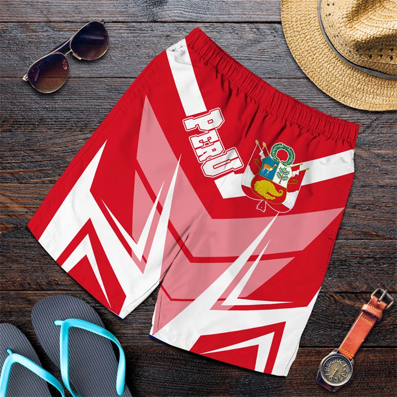 

Peru Flag Map Graphic Board Short Pants For Men Casual Hawaii Beach Shorts Peruvian National Emblem Swim Trunks Male