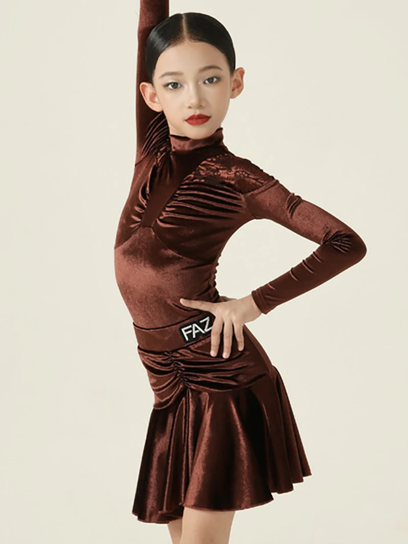 Jupes à volants en velours café pour enfants, robe de danse moderne, spectacle de compétition, Costume de danse Standard National pour filles