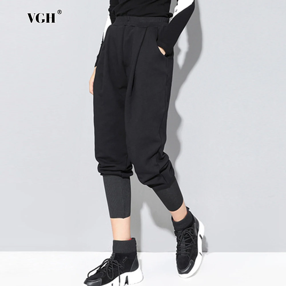 

VGH Solid Spliced Folds Minimalist Pant For Women High Waist Patchwork Pockets Casual Slimming Harem Pants Female Fashion Style