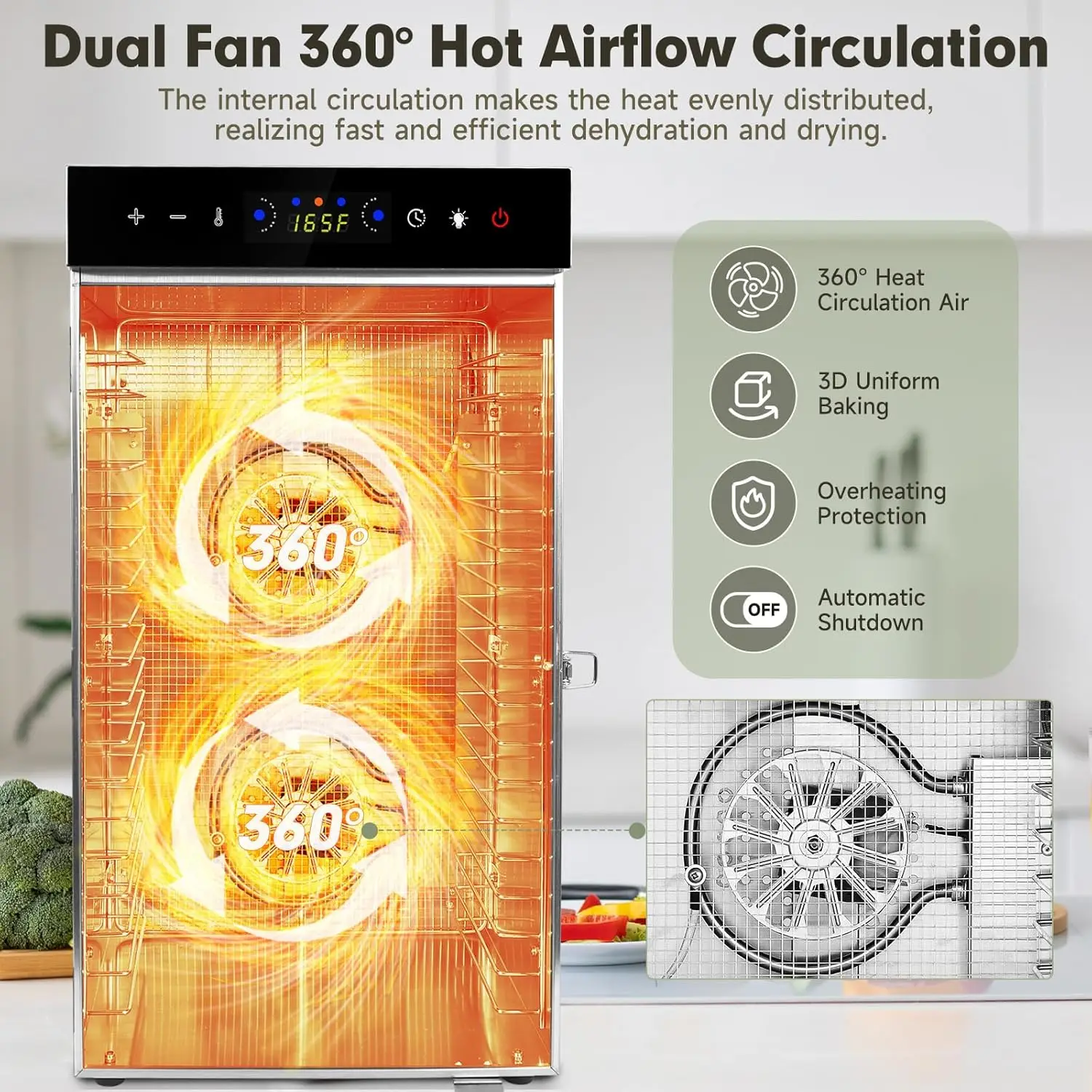 Máquina desidratadora de alimentos, 18 bandejas, aço inoxidável, secador desidratado de alimentos com temporizador, controle de toque, display LED