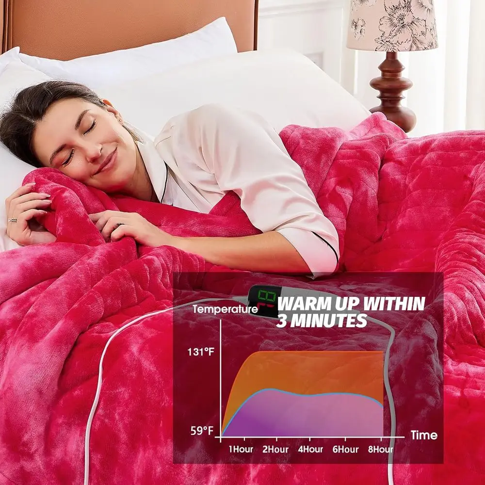 بطانية كهربائية من الفرو الصناعي، مؤقت 5 أوضاع و10 مستويات حرارية، 72 × 84 أحمر لدفء سرير الأريكة المريحة #6