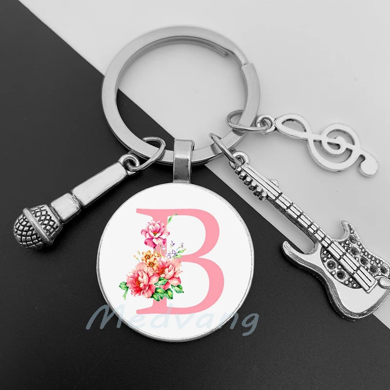 Music teacher A-Z 26 letter glass keychain music major student gift music microphone guitar favorite souvenir for men and women