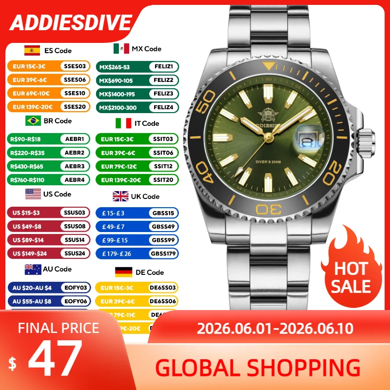 ADDIESDIVE Stainless Steel Watch for Men Waterproof Watches Super Luminous Diving Waterproof Quartz Watches AD2510 Reloj Hombre