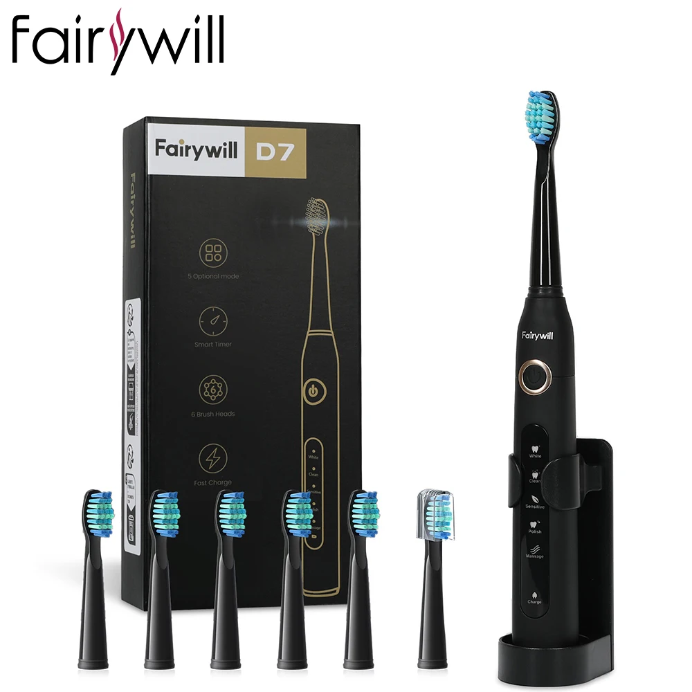 

Электрическая звуковая зубная щетка Fairywill FW-D7, перезаряжаемая от USB, водонепроницаемая электронная зубная щетка для взрослых, сменные насадки