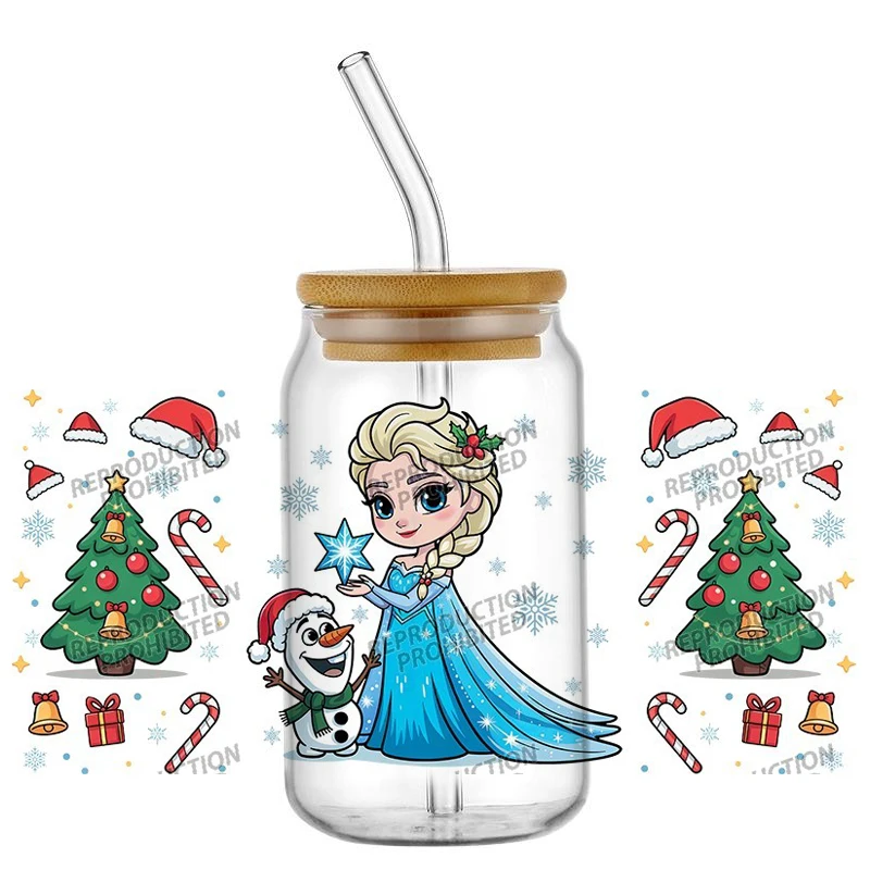 Cute Cartoon Xmas Theme UV DTF Cup Wrap Transfer Sticker For 16oz Glass Can Tumbler Christmas Tree Snowflake Libbey Wrap