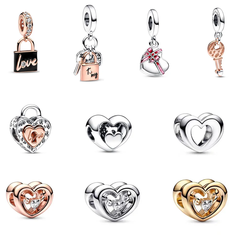 

2023 Spring 925 Silver Two-tone Key Sliding Padlock Splittable Heart Triple Dangle Charm Fit Original Pandora Bracelet Jewelry