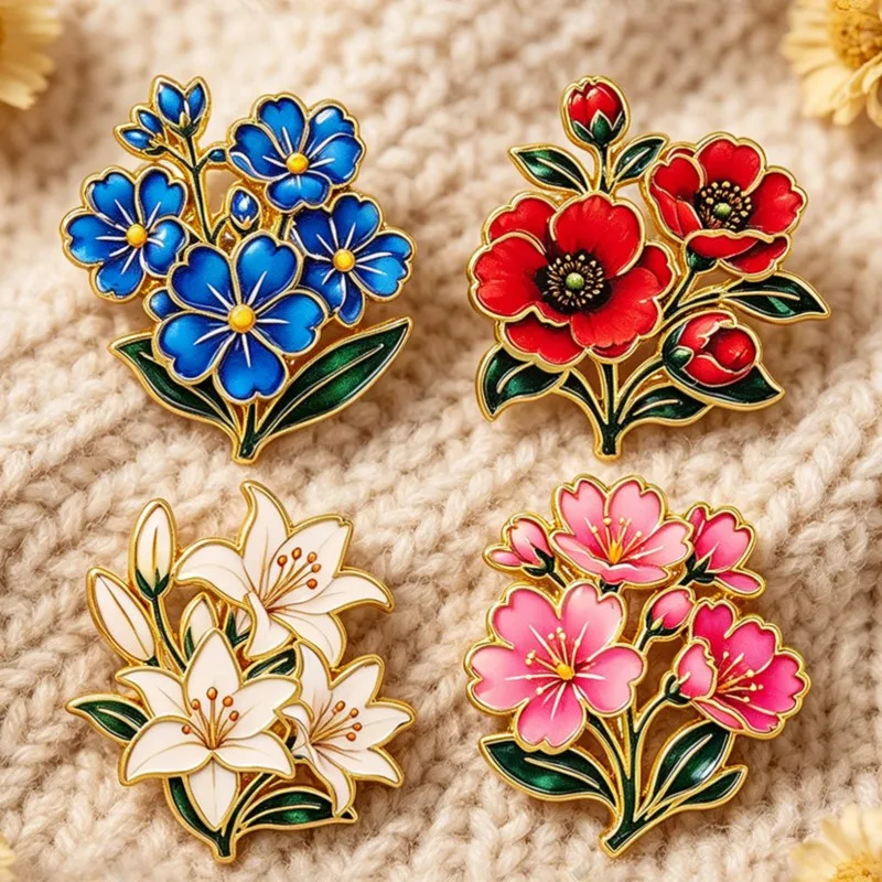 Cute Vintage Colorful Floral Enamel Pin Lily Cherry Poppy Blue Flower Leaf Brooch Backpack Hat Clothes Plant Lovers Daily Gifts view 6