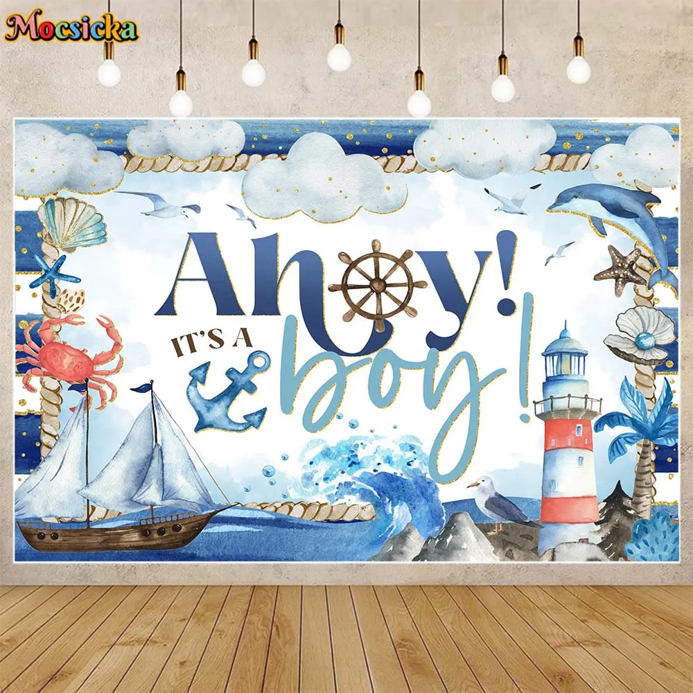 

Mocsicka Baby Shower Backdrop Sailor Navigation Rudder It's a Boy Welcome Party Decor Blue Newborn Background Photo Studio Props