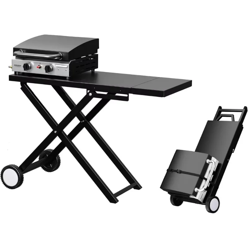 B6 JX-24 Foldable Flat Top Grill With 2 Burners, 20,000 BTU Gas Grills, Enamel Griddle, Side  Portable Cart For Outdoor Cooking