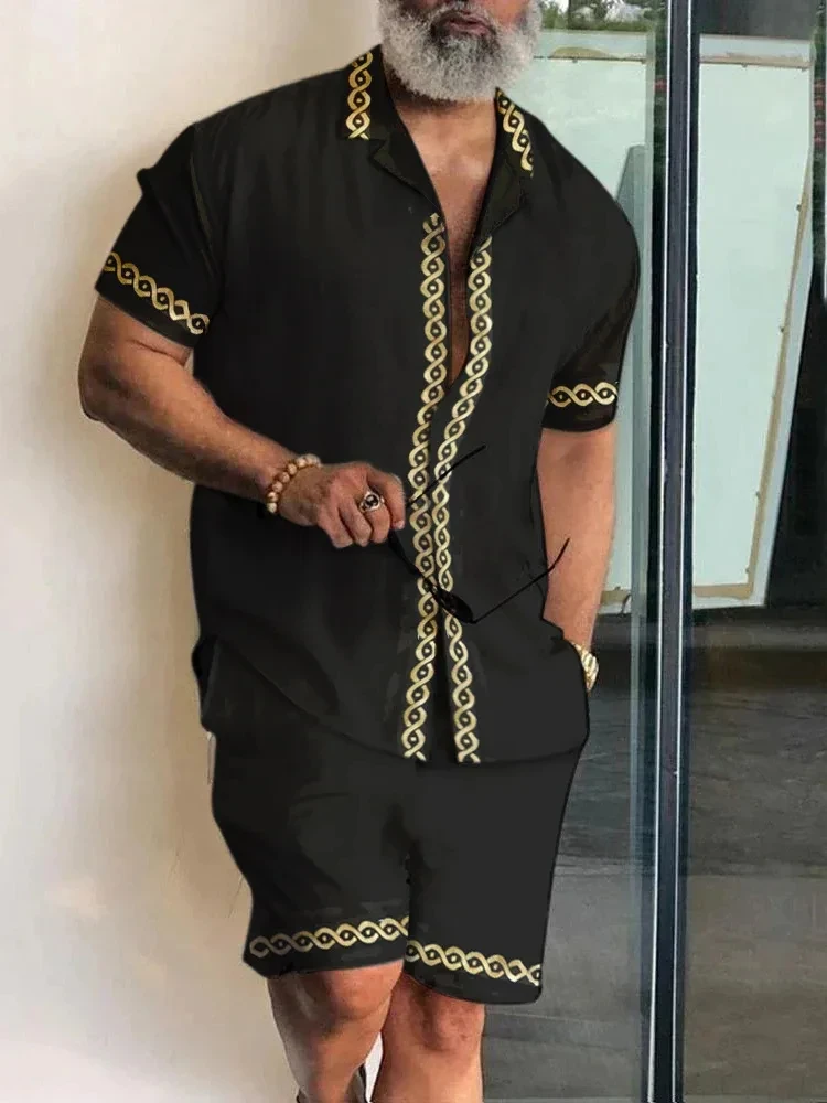 2025 Summer Baroque Luxury Men's Shirt Set Men's Hawaii Vacation Short Sleeve Shirts Suits Drawstring Shorts 2 Pcs Party Clothes