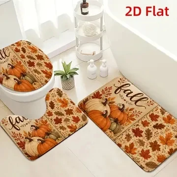 Fall Thanksgiving Pumpkin Maple Bathroom Rug Set, Non-Slip Water Absorbent Bath Mat & Toilet Seat Cover, Autumn Harvest Bathroom Decoration